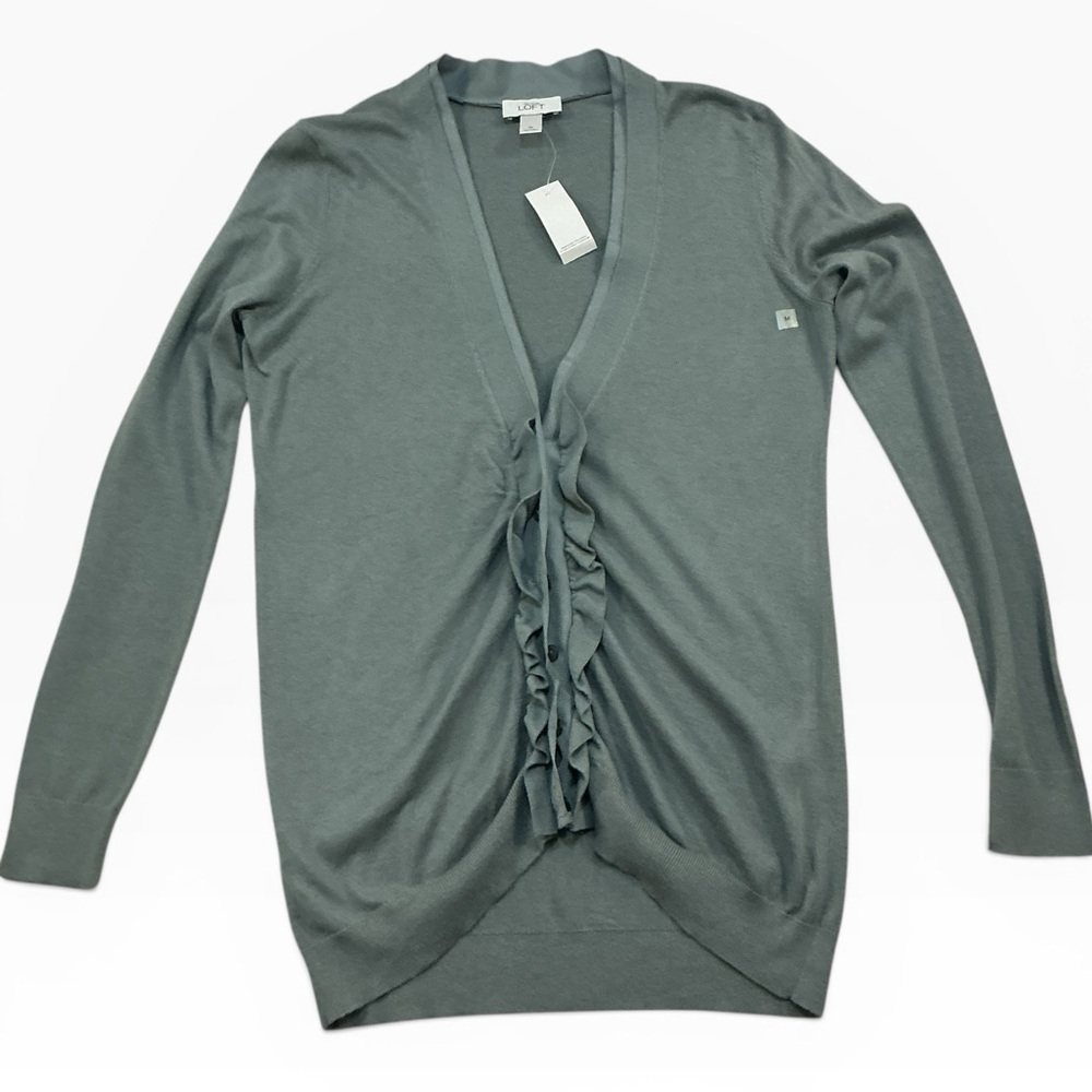 LOFT Slate-Blue Ruffle-Front V-Neck Button Front Cardigan Size Medium NWT